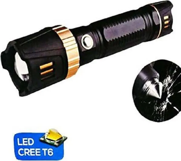 Torcia Led Elettrica Ricaricabile Alta Potenza Martelletto Rompi Vetro Auto Casa
