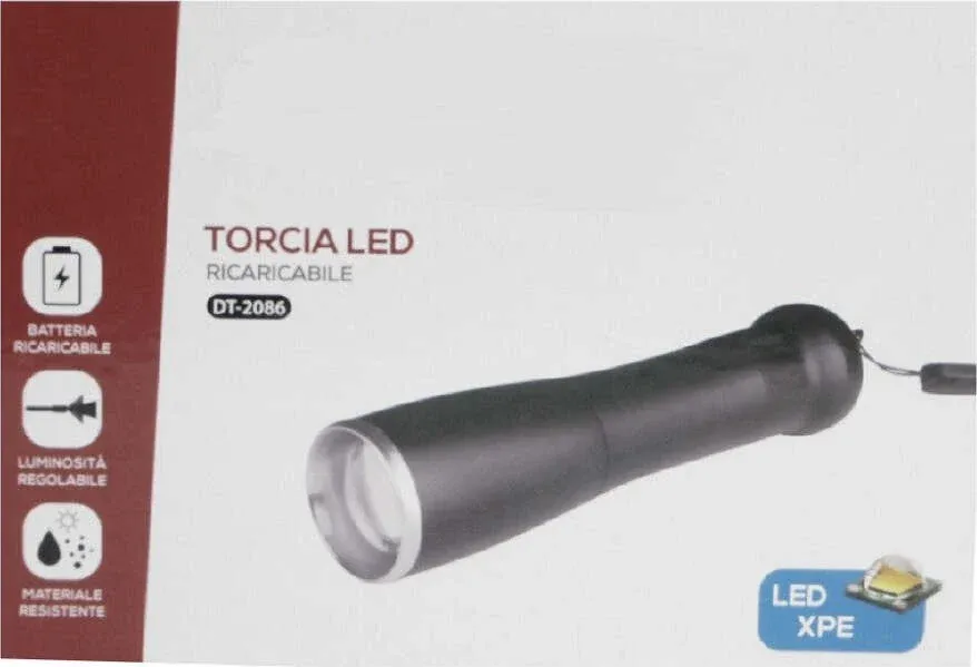 Torcia Led Ricaricabile Luce Led Chip Xpe Luminosita Regolabile Gancetto Dt-2086