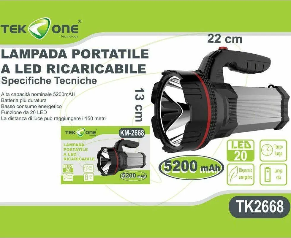 Torcia Led Ricaricabile Tekone Tk2668 Portatile 5200mah 20 Led Luce