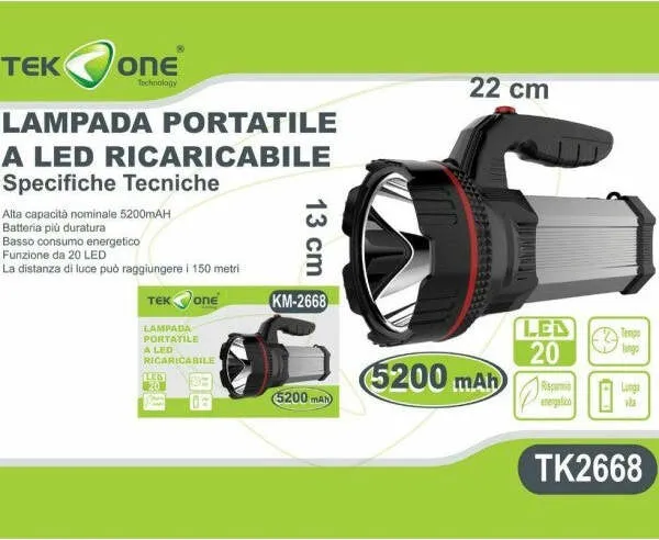 Torcia Led Ricaricabile Tekone Tk2668 Portatile 5200mah 20 Led Luce