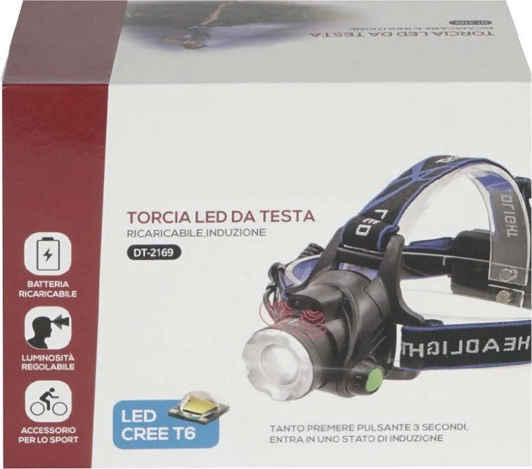Torcia Led Da Testa Frontale Ricaricabile Induzione Cree T6 Regolabile Dt-2169