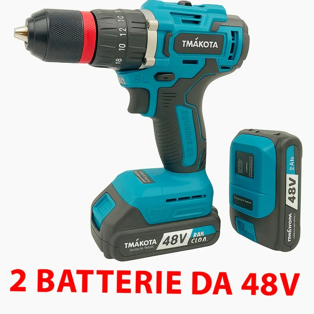 Trapano avvitatore 48V – 2 batterie, motore brushless e accessori inclusi