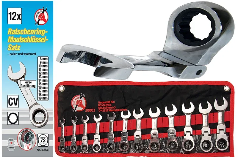 SET 14 PEZZI CHIAVI COMBINATE CRICCHETTO EXTRA-CORTE CON SNODO BGS30003 8/19mm