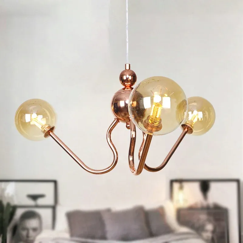 Lampadario sospensione vetro trasparente/ambrato 3 luci, lampada sospensione industriale rame globo/tubolare per sala da p...