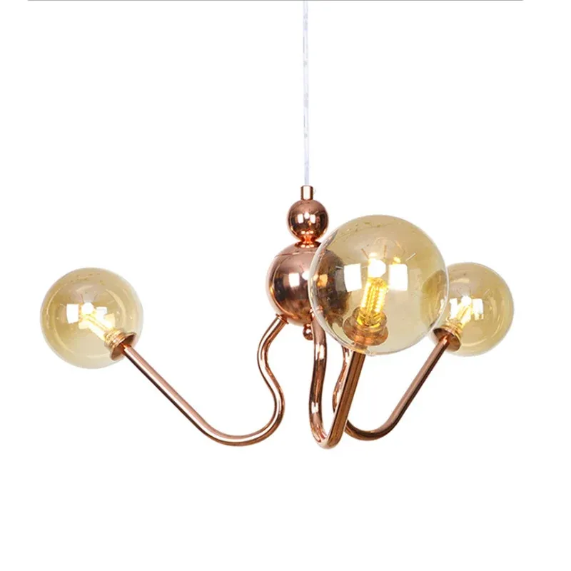 Lampadario sospensione vetro trasparente/ambrato 3 luci, lampada sospensione industriale rame globo/tubolare per sala da p...