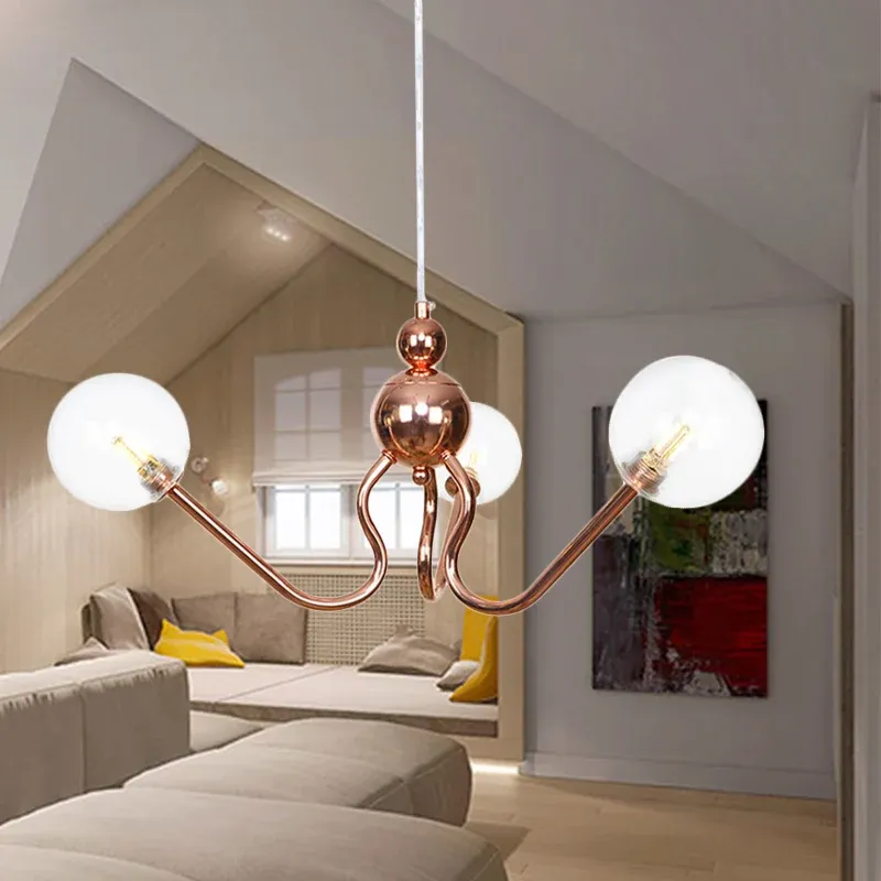 Lampadario sospensione vetro trasparente/ambrato 3 luci, lampada sospensione industriale rame globo/tubolare per sala da p...