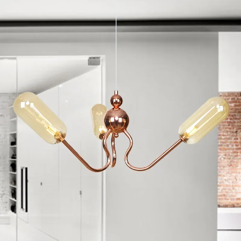 Lampadario sospensione vetro trasparente/ambrato 3 luci, lampada sospensione industriale rame globo/tubolare per sala da p...
