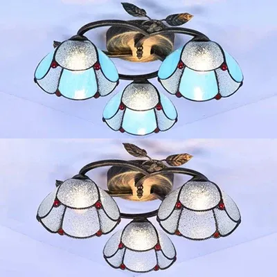 Plafoniera industriale d'epoca forma di ciotola vetro colorato 3 luci da incasso blu/trasparente per camera da letto