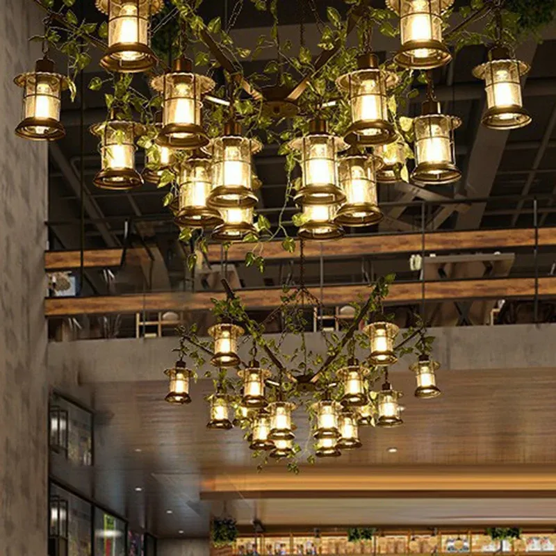 Lampadario lanterna stile industriale Lampada sospensione vetro trasparente nero con decorazione vite verde | Alta Rigidità |
