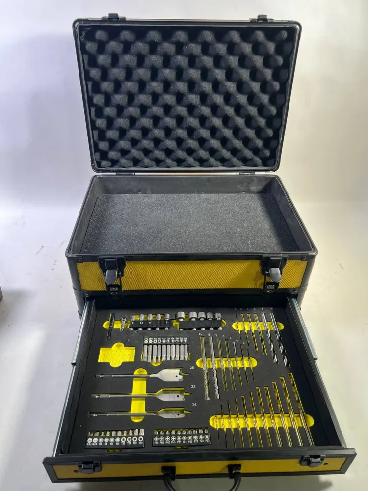Toolbrothers TX Valigetta alluminio per utensili, gialla - per trapani + Set di 70 punte + Inserto schiuma cubi