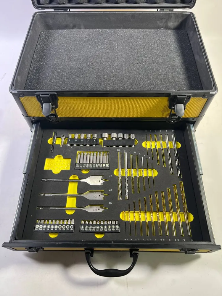 Toolbrothers TX Valigetta alluminio per utensili, gialla - per trapani + Set di 70 punte + Inserto schiuma cubi