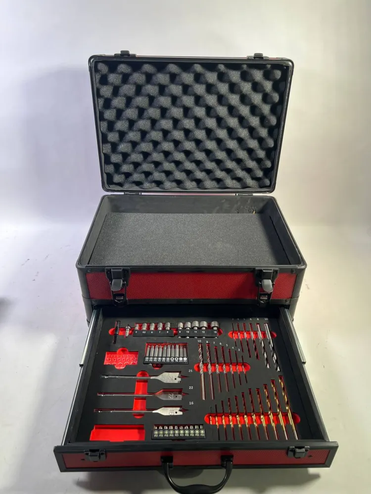 Toolbrothers TX Valigetta alluminio per utensili, rossa - per trapani + Set di 70 punte + Inserto schiuma cubi